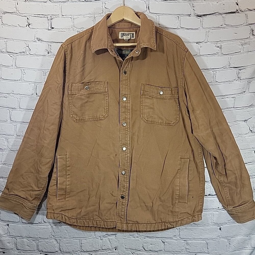 Duluth Trading Chore Jacket Barn Coat Utility Flannel Lined Mens Large Spots Tan